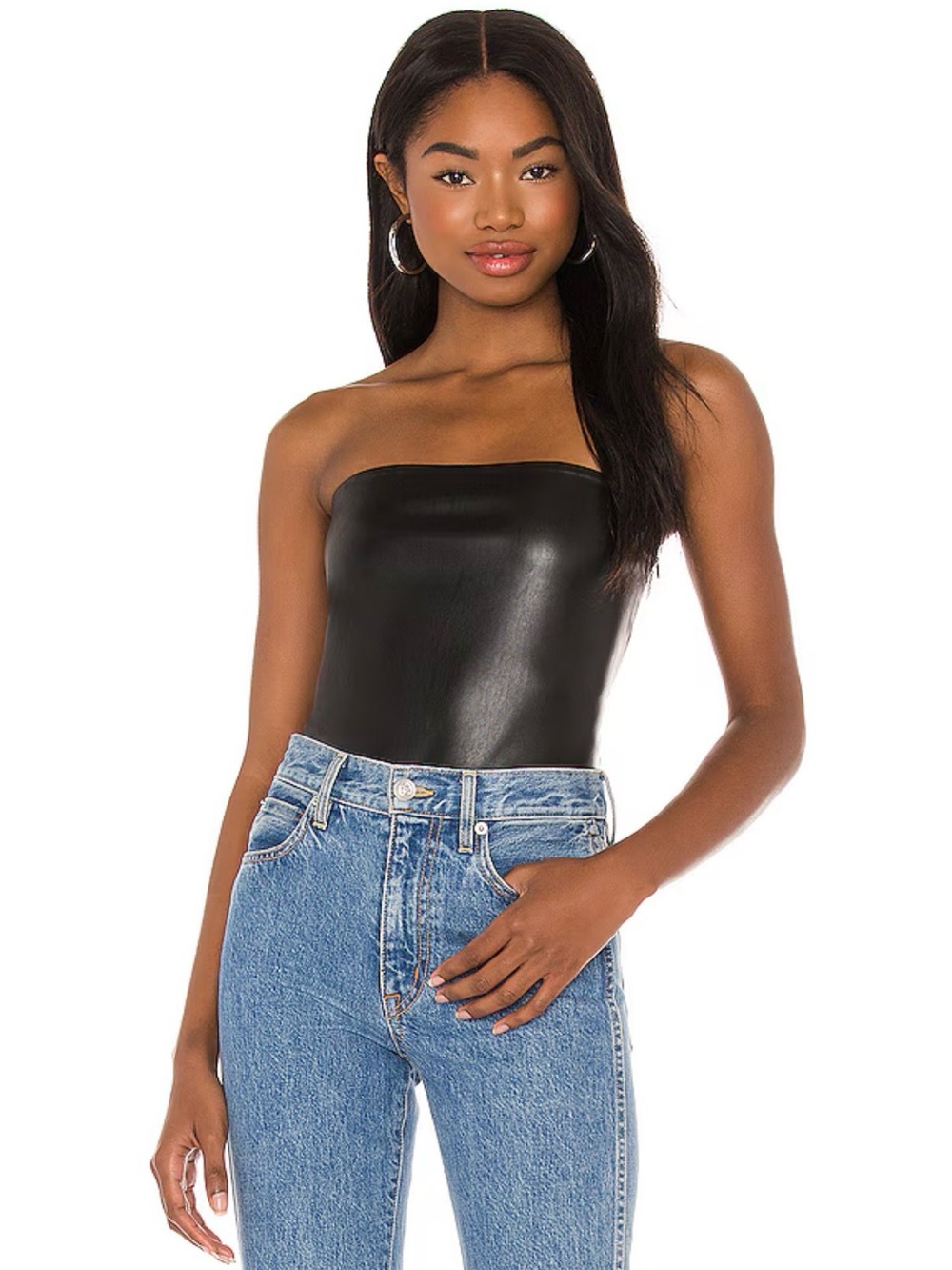 Susana Monaco Black Strapless Vegan Leather Hour Glass Shaped Tube Top- S/M